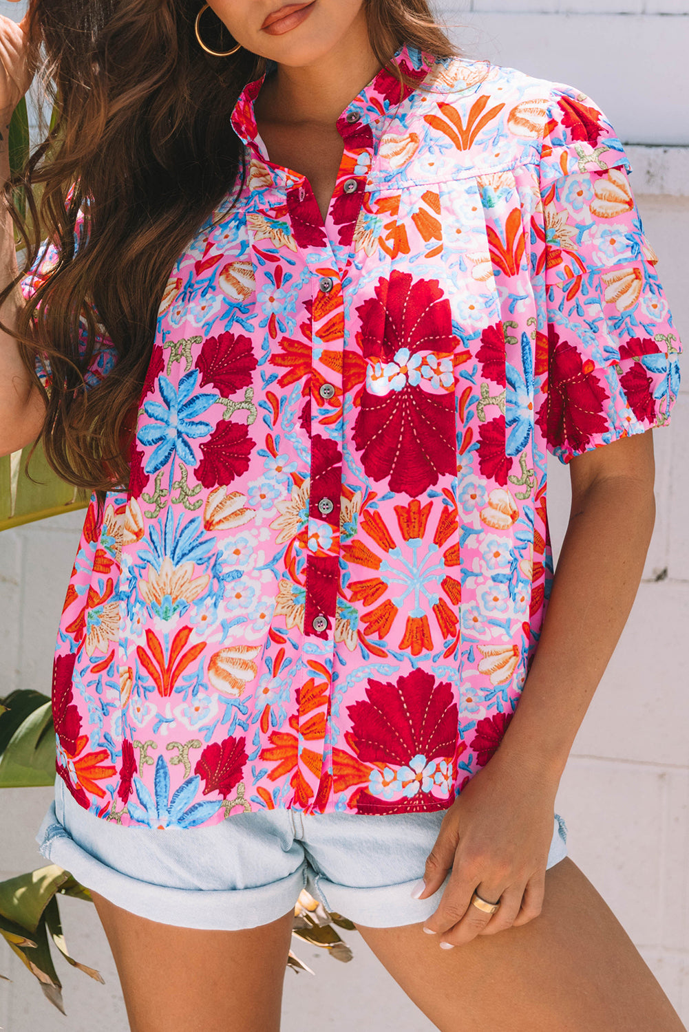 Pink Floral Print Bubble Sleeve Blouse