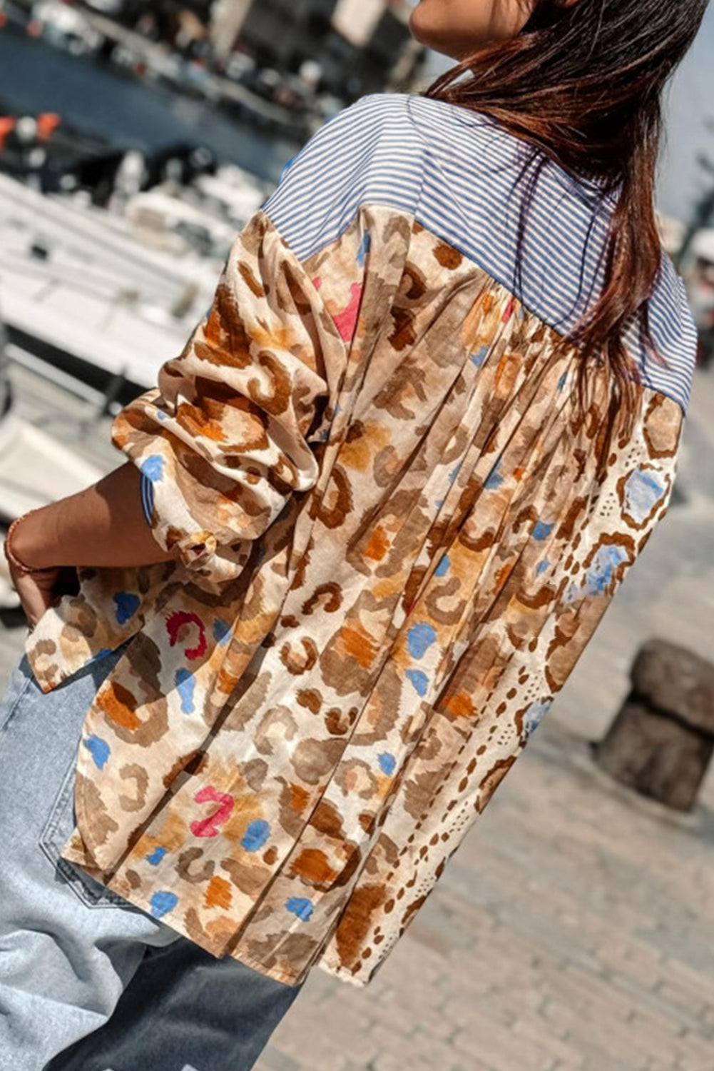 Navy Striped Leopard Button Down Shirt