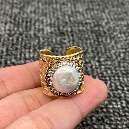 Rhinestone & Pearl Hammered Ring