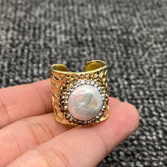 Rhinestone & Pearl Hammered Ring