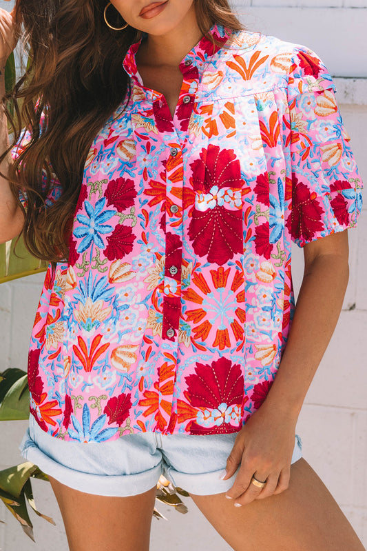 Pink Floral Print Bubble Sleeve Blouse