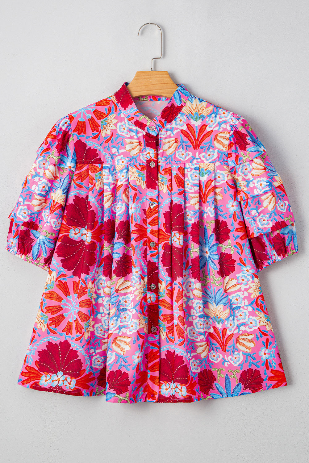 Pink Floral Print Bubble Sleeve Blouse