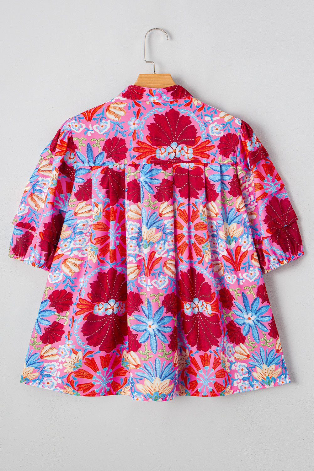 Pink Floral Print Bubble Sleeve Blouse