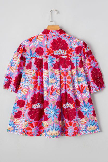 Pink Floral Print Bubble Sleeve Blouse