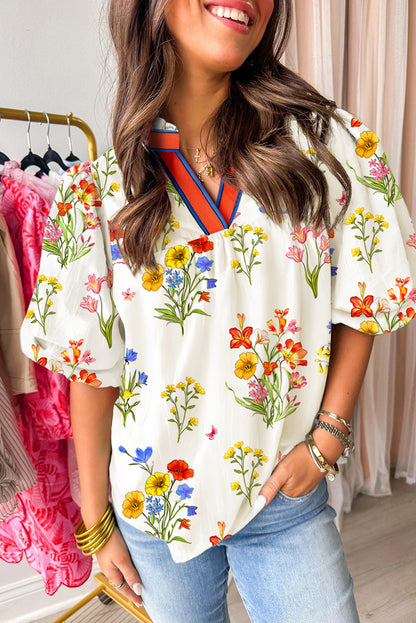 White Floral Short Puff V Neck Blouse