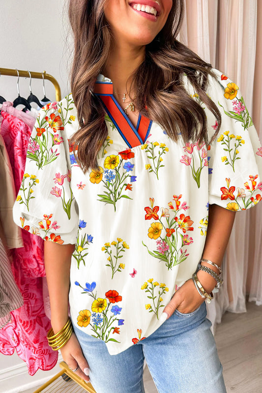 White Floral Short Puff V Neck Blouse