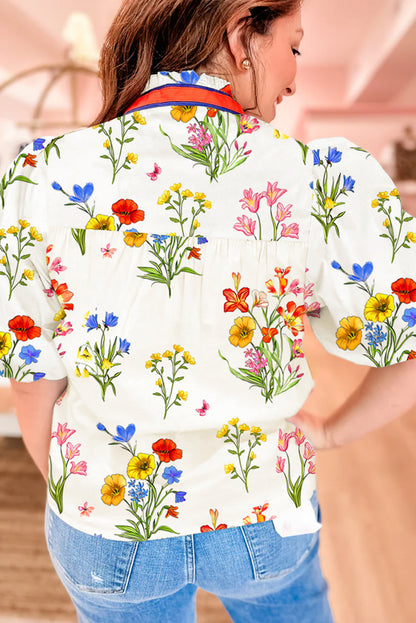 White Floral Short Puff V Neck Blouse
