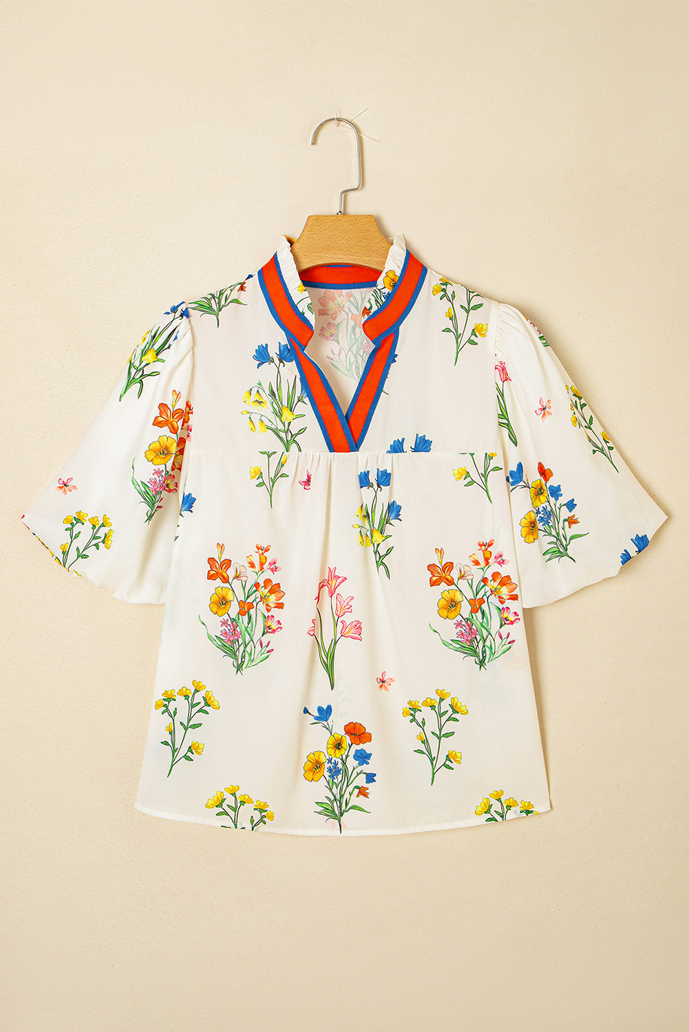 White Floral Short Puff V Neck Blouse