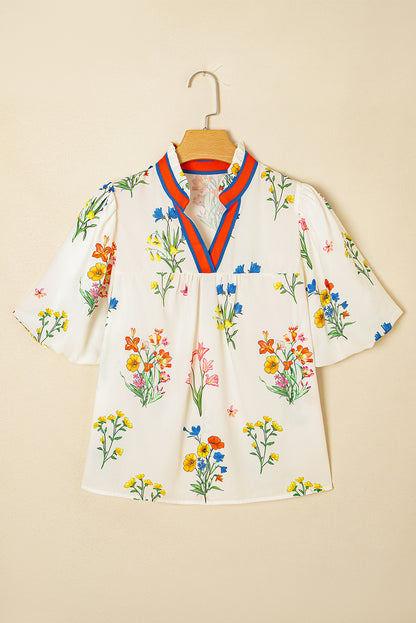 White Floral Short Puff V Neck Blouse