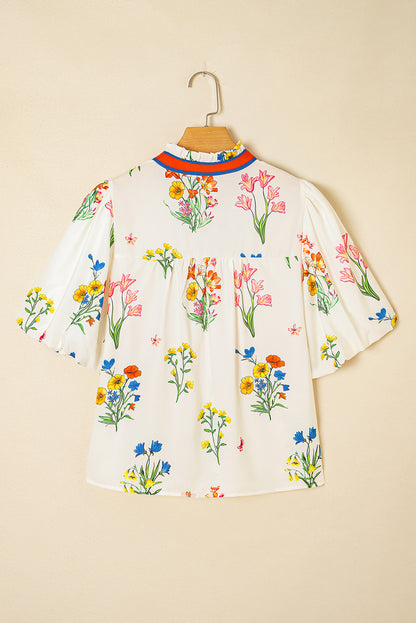 White Floral Short Puff V Neck Blouse