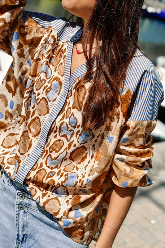 Navy Striped Leopard Button Down Shirt