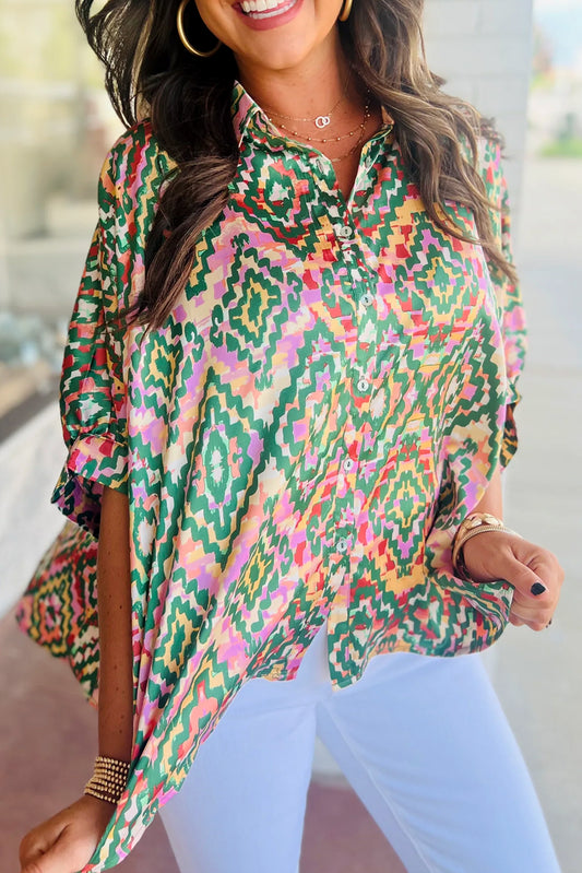 Dark Green Abstract Button-Up Loose Shirt