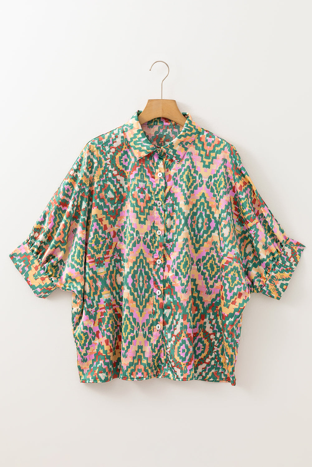 Dark Green Abstract Button-Up Loose Shirt