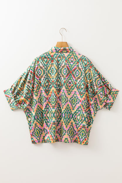Dark Green Abstract Button-Up Loose Shirt