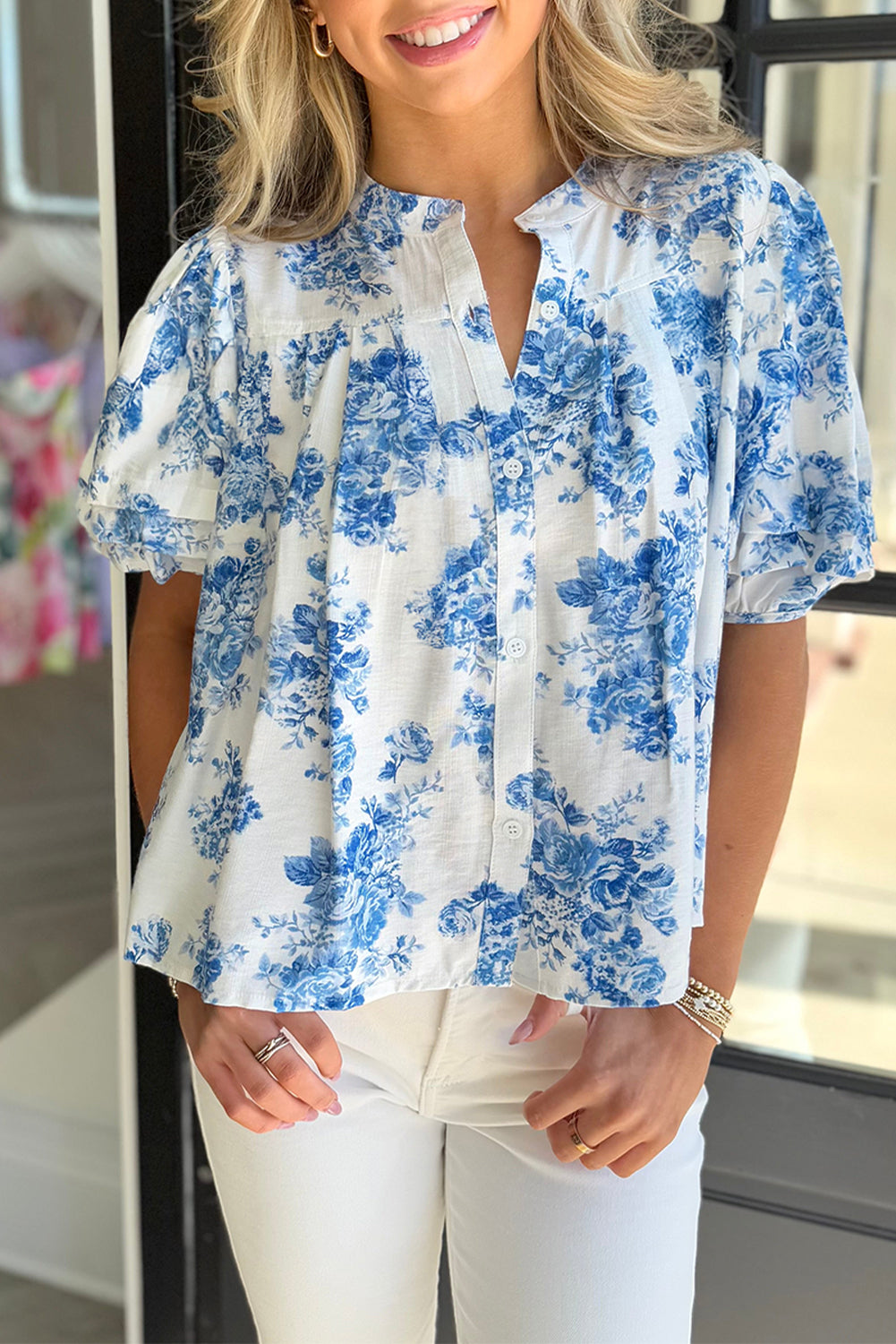 Blue Floral Puff Sleeved Blouse