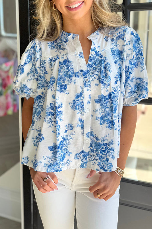 Blue Floral Puff Sleeved Blouse