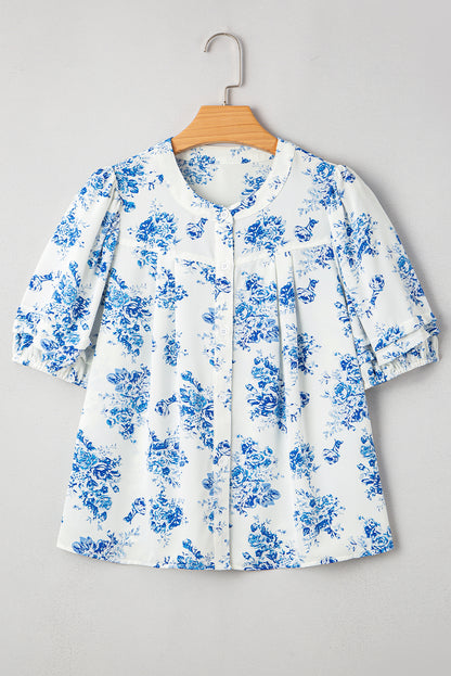 Blue Floral Puff Sleeved Blouse