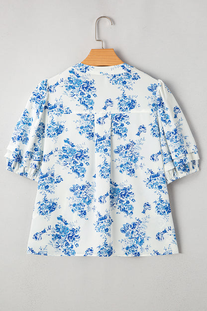 Blue Floral Puff Sleeved Blouse