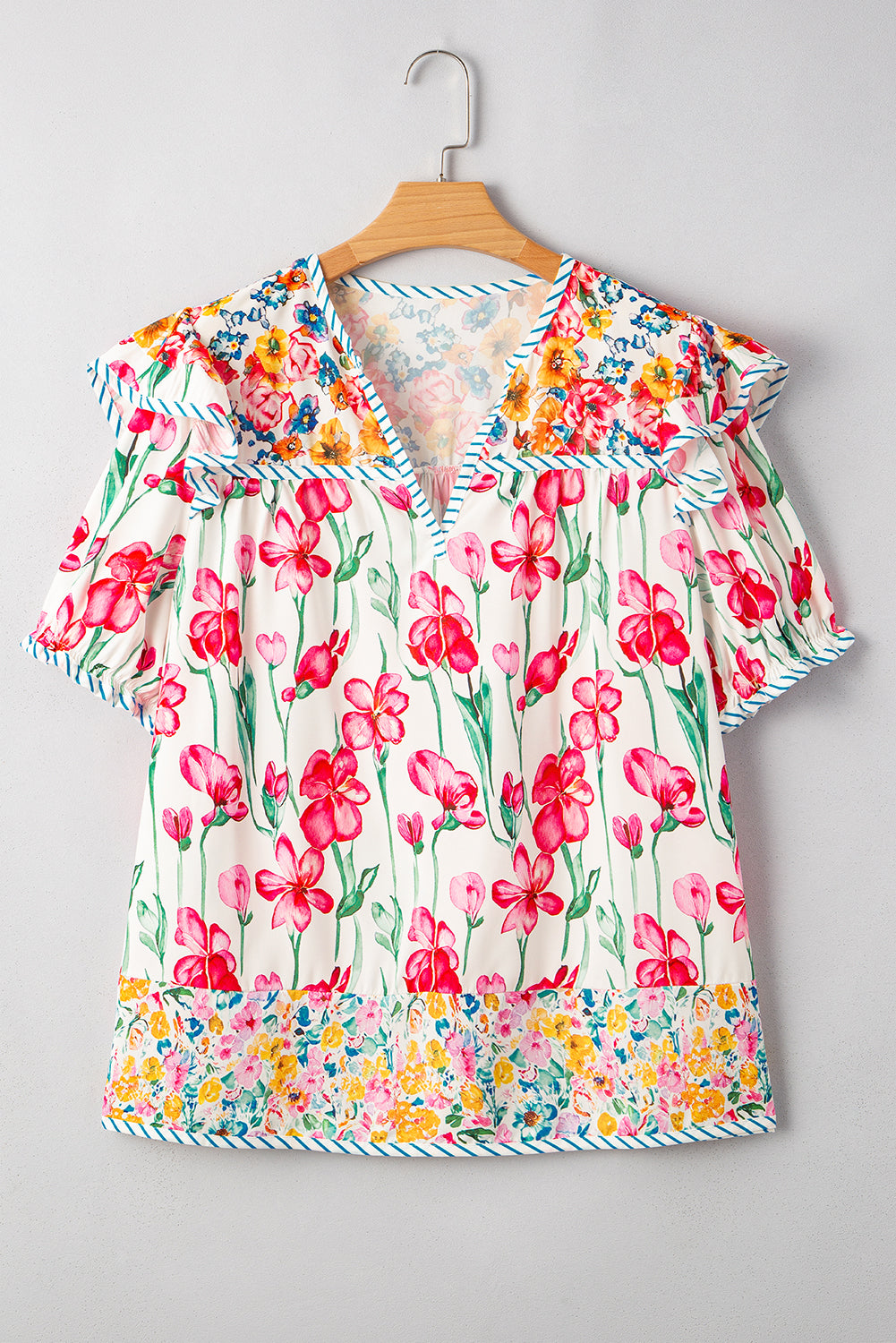 Floral Print Striped V-Neck Blouse