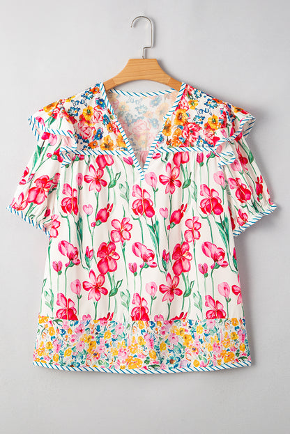Floral Print Striped V-Neck Blouse