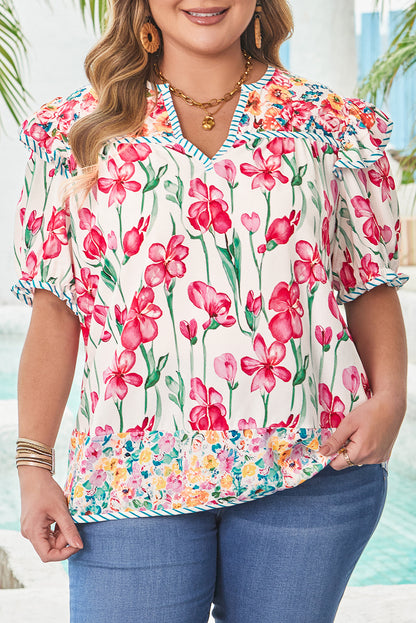 Floral Print Striped V-Neck Blouse