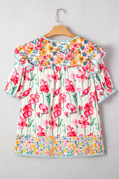 Floral Print Striped V-Neck Blouse