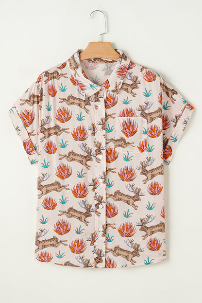 Western Jack Rabbit Print Button Short Sleeve Shirt