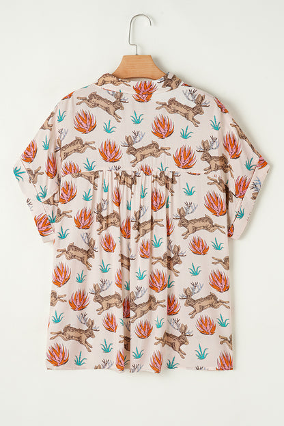 Western Jack Rabbit Print Button Short Sleeve Shirt
