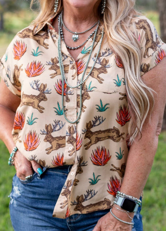 Western Jack Rabbit Print Button Short Sleeve Shirt